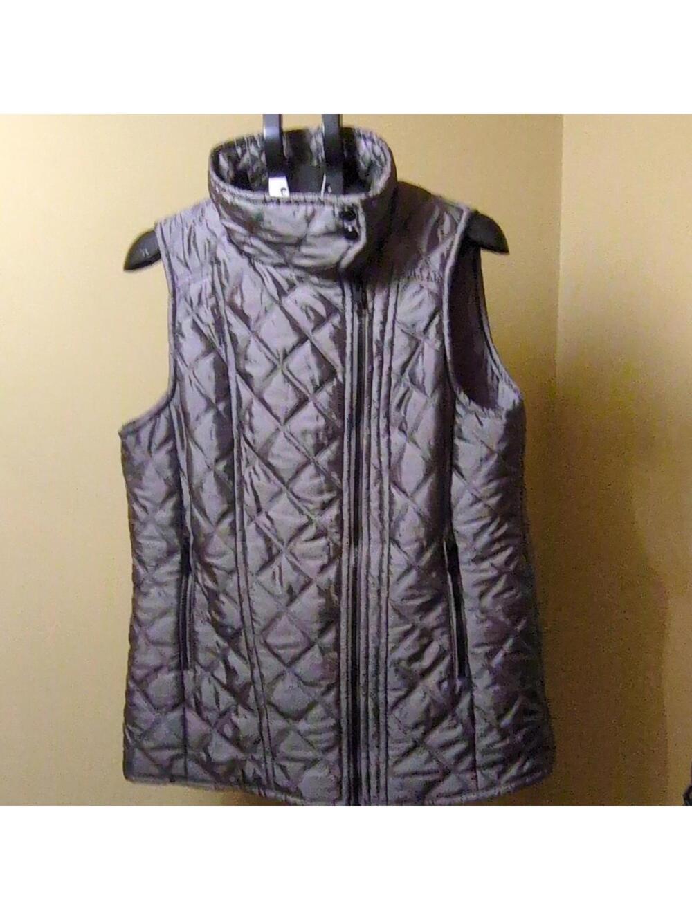 Marc New York Andrew Marc Women's Gray Mid-Length Quilted Vest Full Zip Sz:L